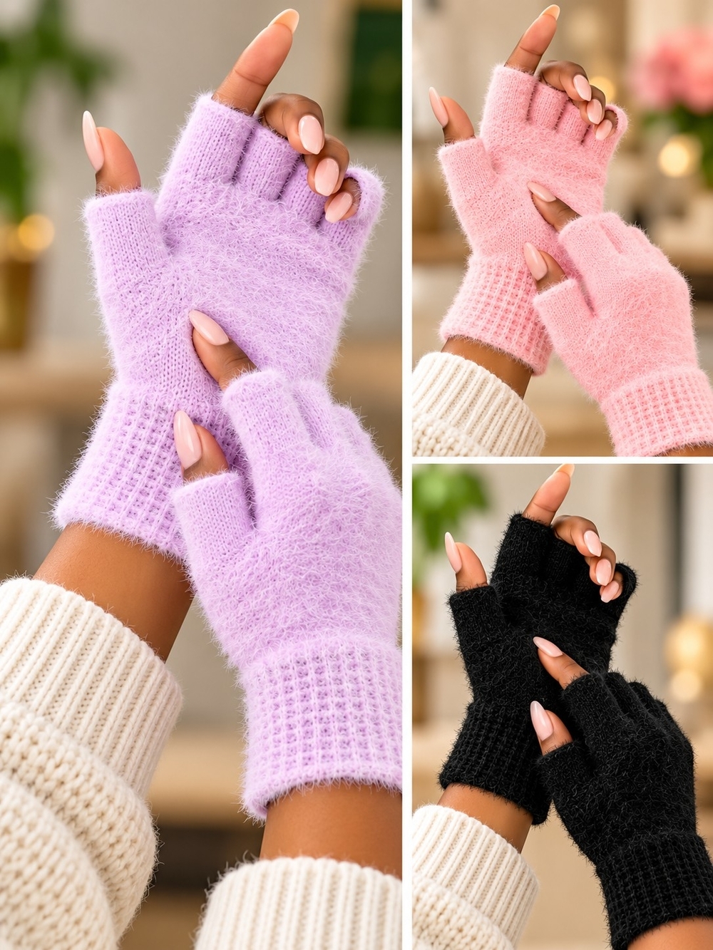 Cozy Fuzzy Fingerless Mitts - Lavender, Pink & Black